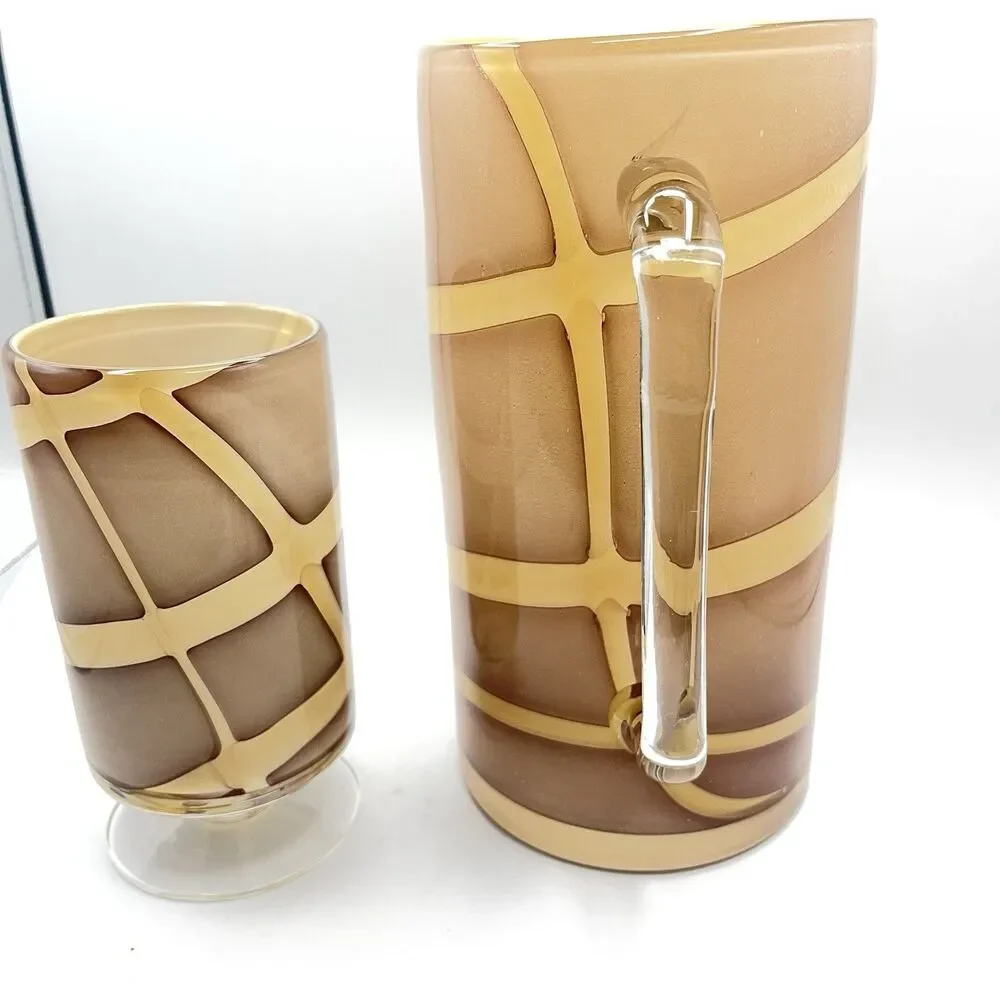 Vintage Hand Blown Glass Pitcher w Handle Nude w Cream Swirls Plus One Glass